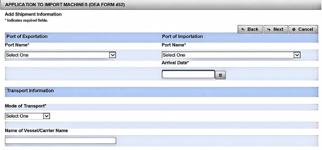 fill in the shipping inf for DEA 452